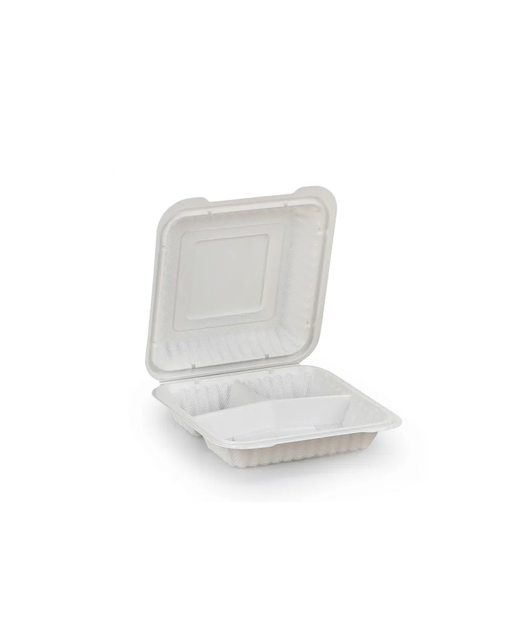 Biodegradable 3 Compartment Plastic Container with Hinged Lid 8x8x2.7in