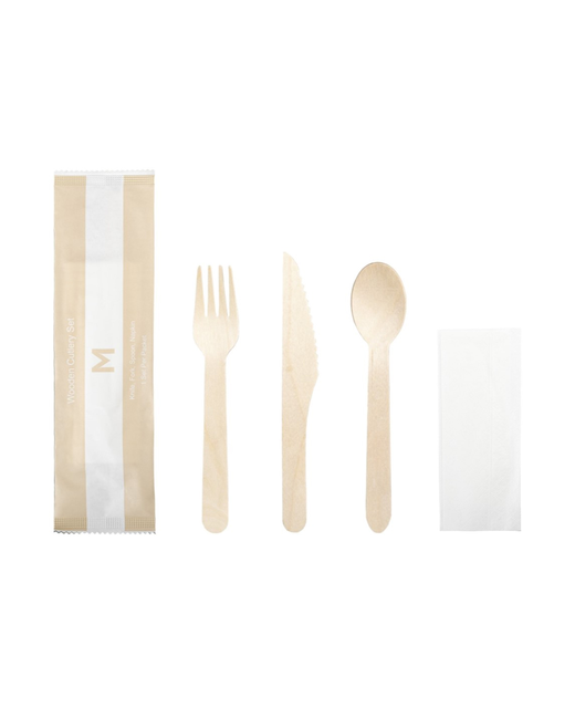 Disposable Wooden Cutlery Set 4 in 1 Fork/Knife/Spoon/Napkin